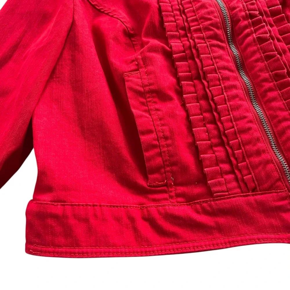 Jessica London Women 14 Red Denim Cotton Blend Full Zip Ruffle Front Jean Jacket
